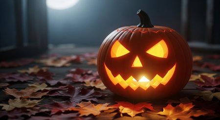 Halloween pumpkin head jack lantern on autumn leaves background. Halloween conceptの素材