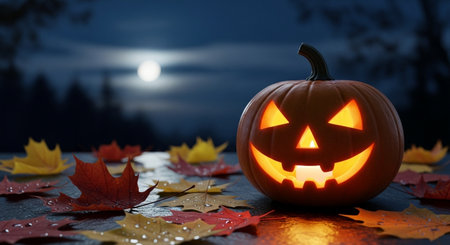 Halloween pumpkin with maple leaves and full moon in the background.の素材