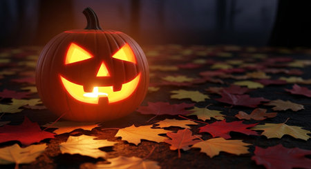 Halloween pumpkin on autumn leaves background. 3d render illustration.の素材