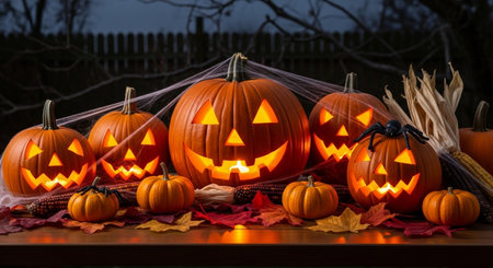 Halloween pumpkins with cobwebs and corn on wooden tableの素材