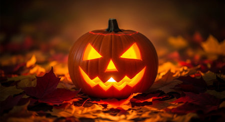 Halloween pumpkin with scary face on autumn leaves background. Halloween conceptの素材