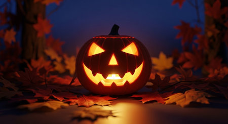Halloween pumpkin on the background of autumn leaves. Jack o lanternの素材