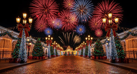 Christmas and New Year holidays illumination and fireworks in Moscow Kremlin, Russiaの素材