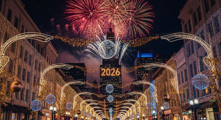 Illuminated Christmas lights and fireworks in Helsinki, Finland.の素材