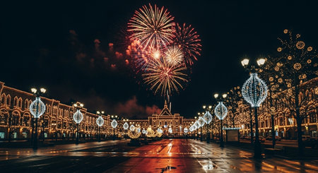 Fireworks over Manezhnaya Square at night, Moscow, Russiaの素材