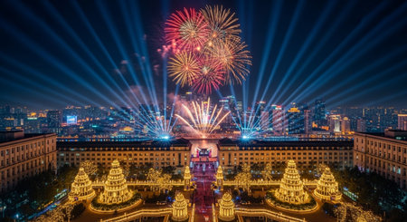 Fireworks over the Tiananmen Square in Beijing, China.の素材