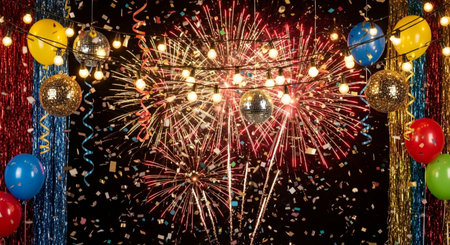 Colorful fireworks and confetti on the black background. New Yearの素材