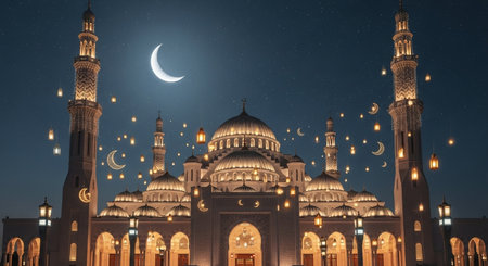 3d render of Muslim family celebrating Eid al-Fitr in mosqueの素材