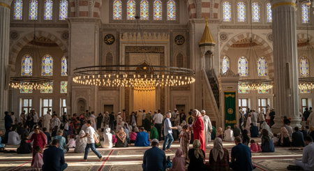 Mosque at night with moon and stars. 3D rendering.の素材