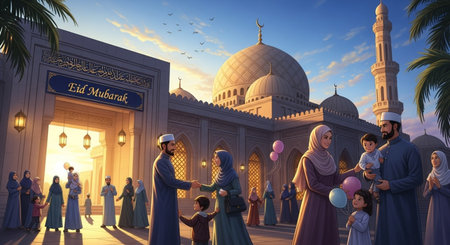 3D rendering of a family celebrating Eid al-Fitr in the mosqueの素材