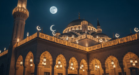 Illustration of a mosque at night with crescent moon and starsの素材