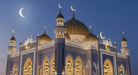 mosque at night with crescent moon, 3d render illustrationの素材