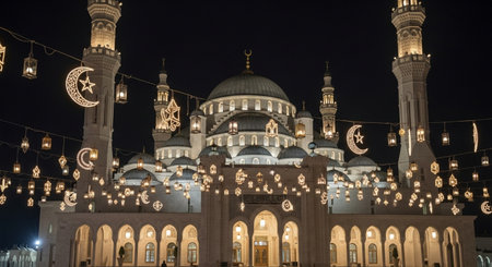 The Sultan Ahmed Mosque in Istanbul at night, Turkey. The mosque is the largest mosque in Istanbul.の素材