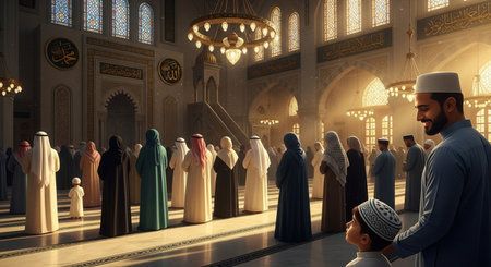 Muslim family praying in the mosque. Ramadan Kareem. 3D renderingの素材