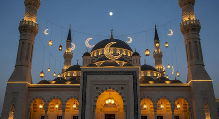 Mosque at night with moon and stars in Istanbul, Turkey.の素材