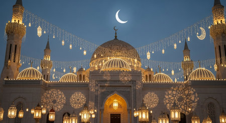 Beautiful mosque at night, Abu Dhabi, United Arab Emirates.の素材
