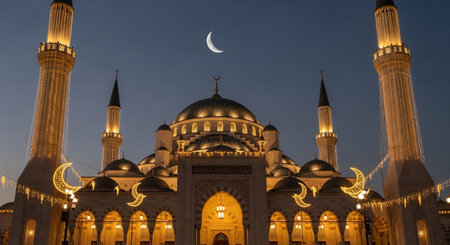 The Sultan Ahmed Mosque in Istanbul, Turkey at night with the moon.の素材