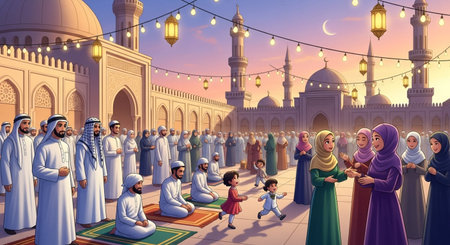 Muslim family praying in front of the mosque at sunset, 3d illustrationの素材