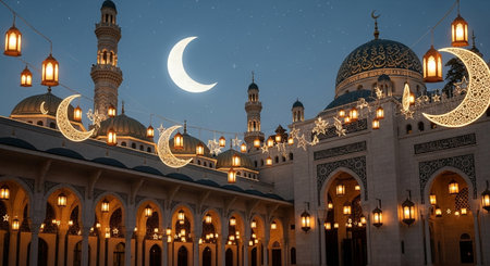 Mosque at night with crescent moon and lanterns. Ramadan Kareem.の素材