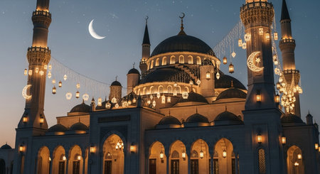 Mosque at night with moon and stars, Istanbul, Turkey.の素材
