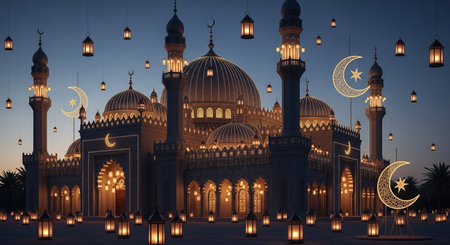 Ramadan Kareem background with mosque, crescent and lanternsの素材