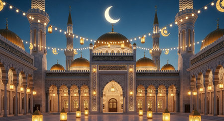 3D Illustration of a mosque at night with a crescent moonの素材