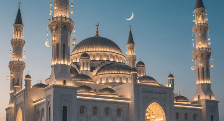 The Blue Mosque in Abu Dhabi, United Arab Emirates at night.の素材