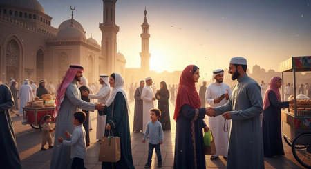 Group of arabic people walking in the city at sunset.の素材