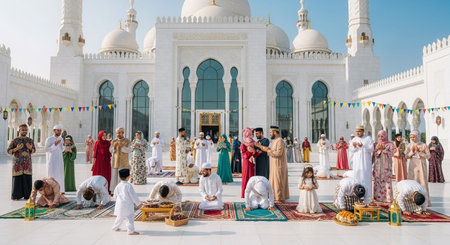3D Illustration of a Ramadan Kareem background with mosque and moonの素材