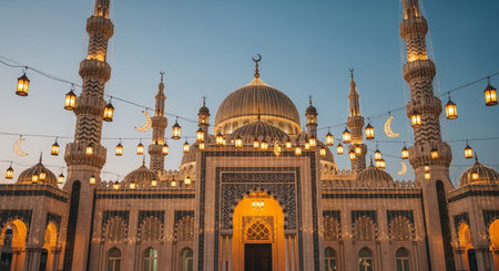 Ramadan Kareem background with mosque, moon and lanterns.の素材