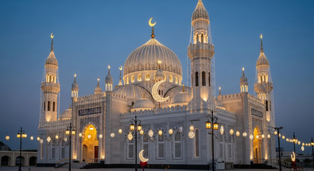 Eid Al Adha Mosque at night in Mecca, Saudi Arabiaの素材