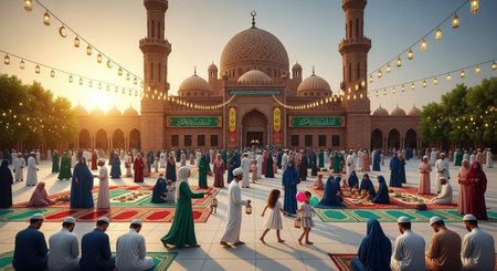 Muslim people praying at the mosque during Eid al Fitr celebration.の素材