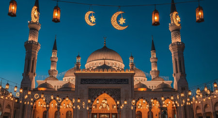 3D rendering of Eid al Adha mosque with moon and starsの素材
