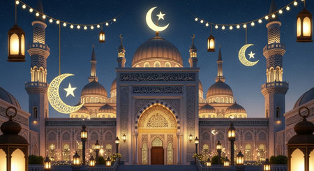 Mosque at night with crescent moon and stars in the skyの素材