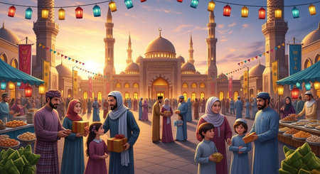 3D rendering of muslim people celebrating Eid al-Adhaの素材