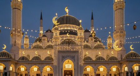 3d rendering of Muslim people praying in front of the mosque at sunsetの素材