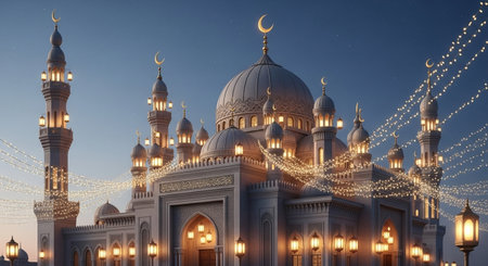 3D Illustration of Ramadan Kareem with mosque and golden lightsの素材