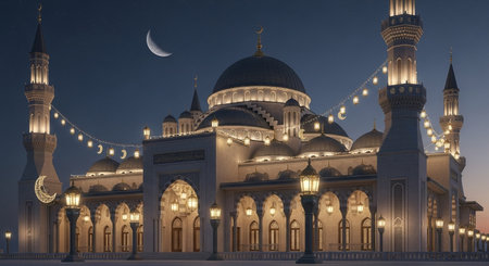 3D Illustration of Ramadan Kareem Mosque at Night with Crescent Moonの素材