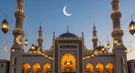 Mosque at night with a crescent moon in the background.の素材