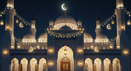 Illuminated Mosque at night with crescent moon and stars.の素材