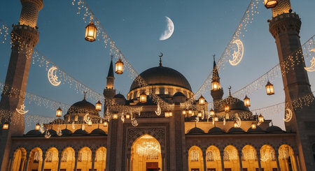 Beautiful view of the mosque at night with moon and garlandsの素材
