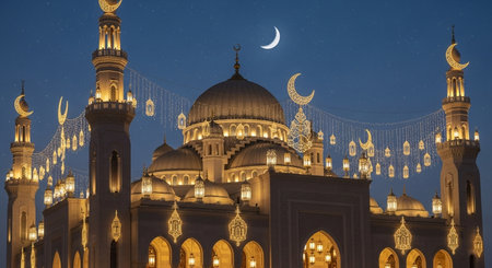 Night view of the Grand Mosque in Abu Dhabi, United Arab Emiratesの素材