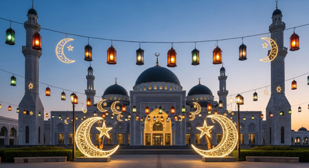 Crescent moon and mosque in Abu Dhabi, United Arab Emirates.の素材
