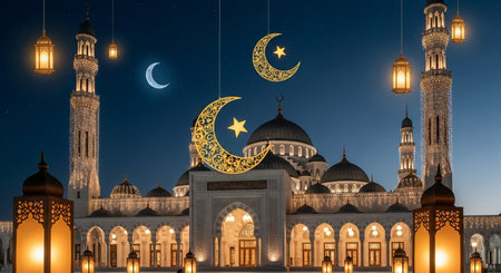 Ramadan Kareem background with mosque and crescent moon at nightの素材