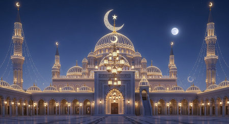3D Illustration of a mosque at night with the moon in the skyの素材