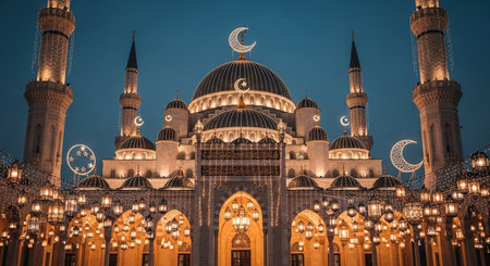 The Sultan Ahmed Mosque at night in Istanbul, Turkey. The mosque is the largest mosque in Istanbul.の素材