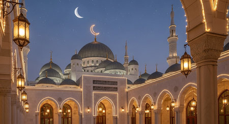 Night view of the mosque in Abu Dhabi, United Arab Emirates.の素材