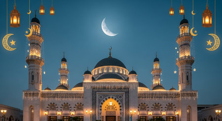 Ramadan Kareem Mosque at night with crescent moon and lanternsの素材