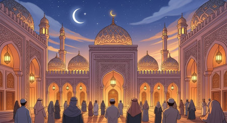 Illustration of the mosque at night with a crescent moon.の素材