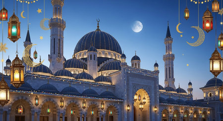 3D Illustration of Ramadan Kareem Mosque at night with Moon and Starsの素材
